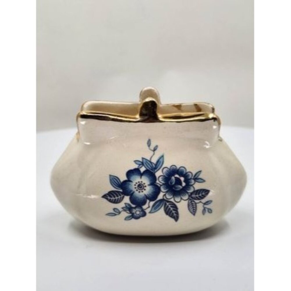 Vintage Porcelain Purse Small Ivory Blue Flower Decor